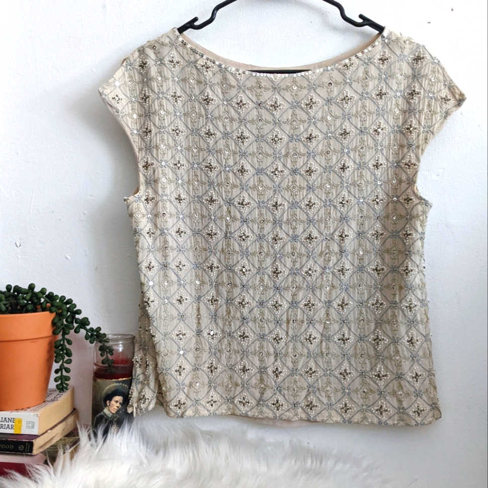Talbots Silk Beaded Embroidered Indian Silk Top
